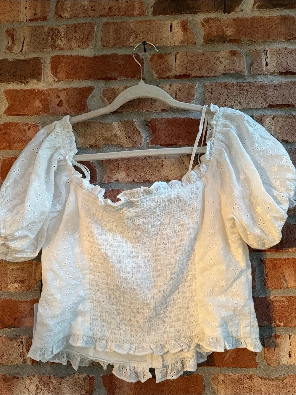 Astr White Eyelet Button-Front Peasant Top